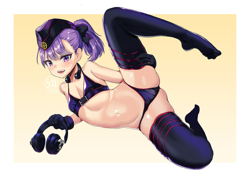 :d ass_visible_through_thighs bangs bare_shoulders bikini black_bikini black_gloves black_legwear blush buckle dated elzlo eyebrows_visible_through_hair fate/grand_order fate_(series) flat_chest full_body garrison_cap gloves gradient gradient_background hat headphones headphones_removed helena_blavatsky_(fate/grand_order) helena_blavatsky_(swimsuit_archer)_(fate) holding holding_headphones leg_up looking_at_viewer lying navel no_shoes on_side open_mouth ponytail purple_eyes purple_hair shiny shiny_hair short_hair signature smile solo spread_legs stomach swimsuit thighhighs throat_microphone yellow_background