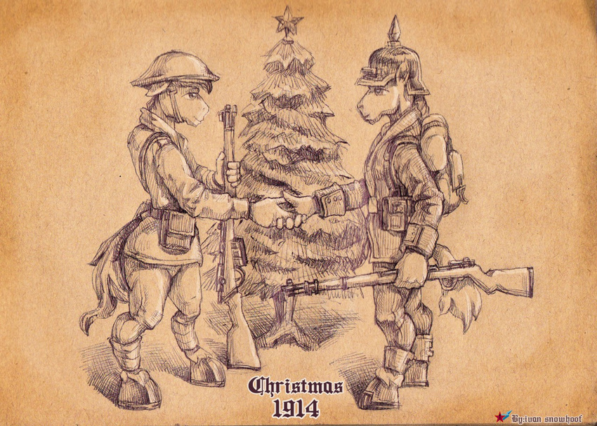 abstract_background armor backpack christmas christmas_tree clothing duo english_text equine gun handshake helmet holidays horse ivan_snowhoof male mammal monochrome pickelhaube ranged_weapon rifle soldier text tree uniform unknown_species weapon world_war_1