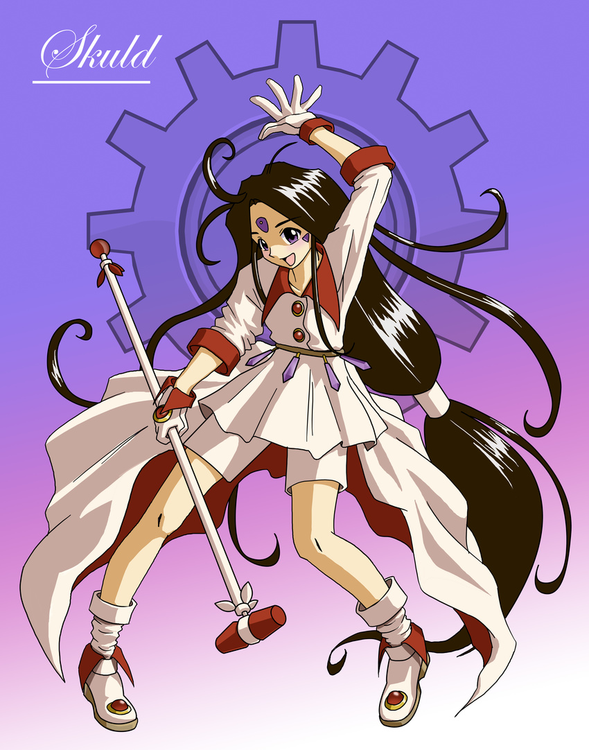 aa_megami-sama absurdly_long_hair absurdres ahoge black_hair brown_eyes commentary facial_mark forehead_mark gloves hammer highres long_hair low-tied_long_hair shiroboi shorts shorts_under_skirt skuld very_long_hair