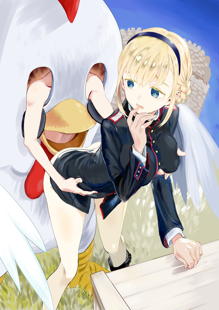 1girl absurdres blonde_hair blue_eyes bottomless breasts character_request chicken_costume colored_eyelashes copyright_request costume finger_to_mouth groping hair_between_eyes hetero highres homare_(homaredai) legs medium_breasts painterly sketch thighs