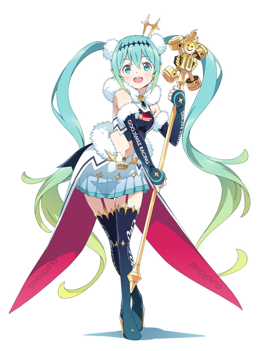 :d aqua_eyes aqua_hair bangs boots coattails commentary_request crossed_legs detached_collar elbow_gloves eyebrows_visible_through_hair full_body fur-trimmed_skirt fur-trimmed_sleeves fur_trim garter_straps gloves gold_trim goodsmile_racing gradient gradient_hair green_hair hair_ornament hatsune_miku high_heel_boots high_heels highres holding kanzaki_hiro logo long_hair looking_at_viewer midriff multicolored_hair official_art open_mouth overskirt piapro pleated_skirt race_queen racing_miku racing_miku_(2018) skirt sleeveless smile solo standing thigh_boots thighhighs twintails very_long_hair vocaloid watson_cross