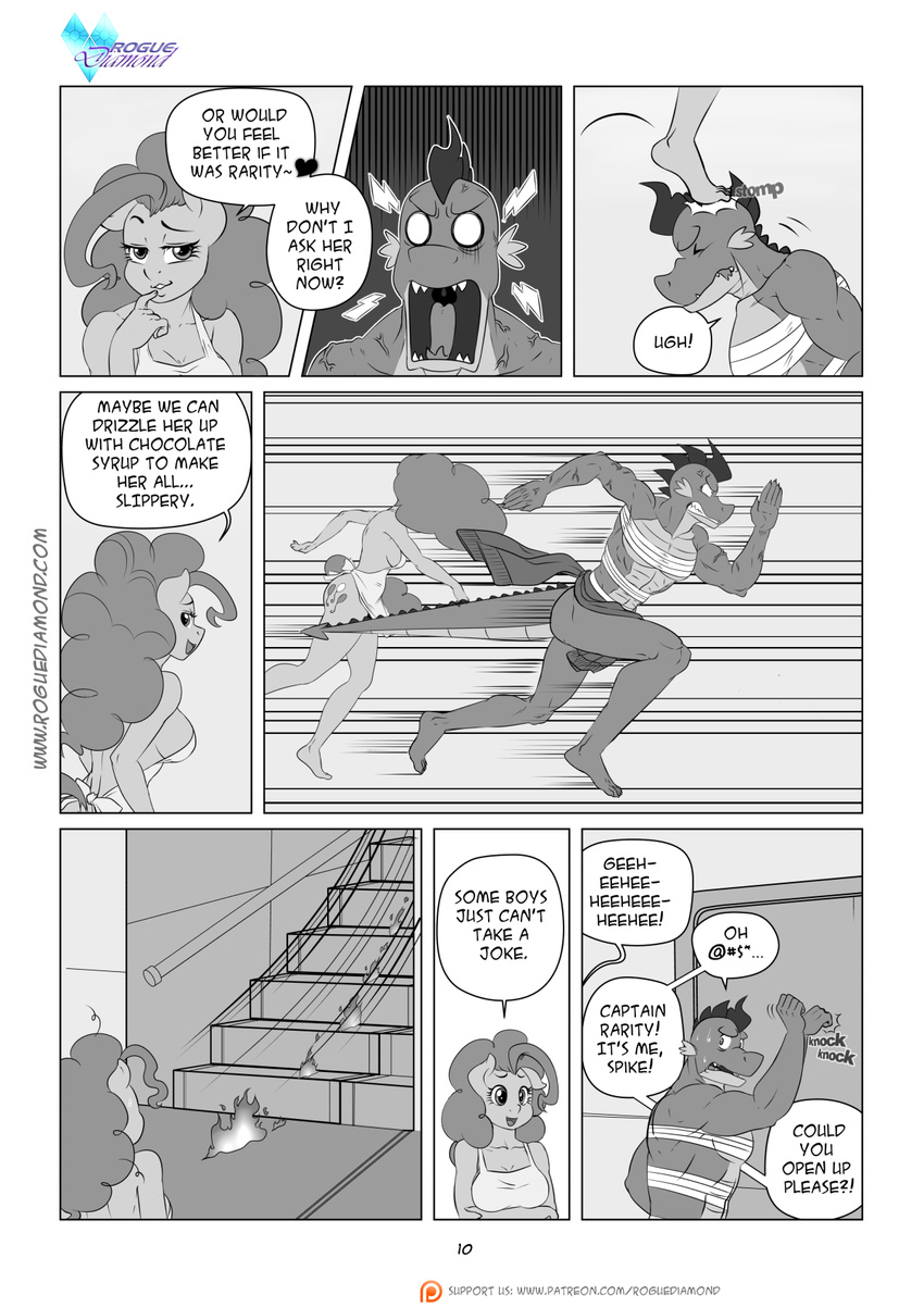 &lt;3 angry anthro anthrofied apron bandage breasts clenched_teeth clothed clothing comic curly_hair cutie_mark dragon duo earth_pony equine eyes_closed female finger_on_lip forked_tongue friendship_is_magic hair half-closed_eyes horse knock knocking long_hair looking_at_viewer looking_back male mammal muscular muscular_male my_little_pony naked_apron onomatopoeia open_mouth pia-sama pinkie_pie_(mlp) pony raised_eyebrow running sharp_teeth shocked side_boob smile sound_effects spike_(mlp) suggestive sweat sweatdrop teeth tongue vein