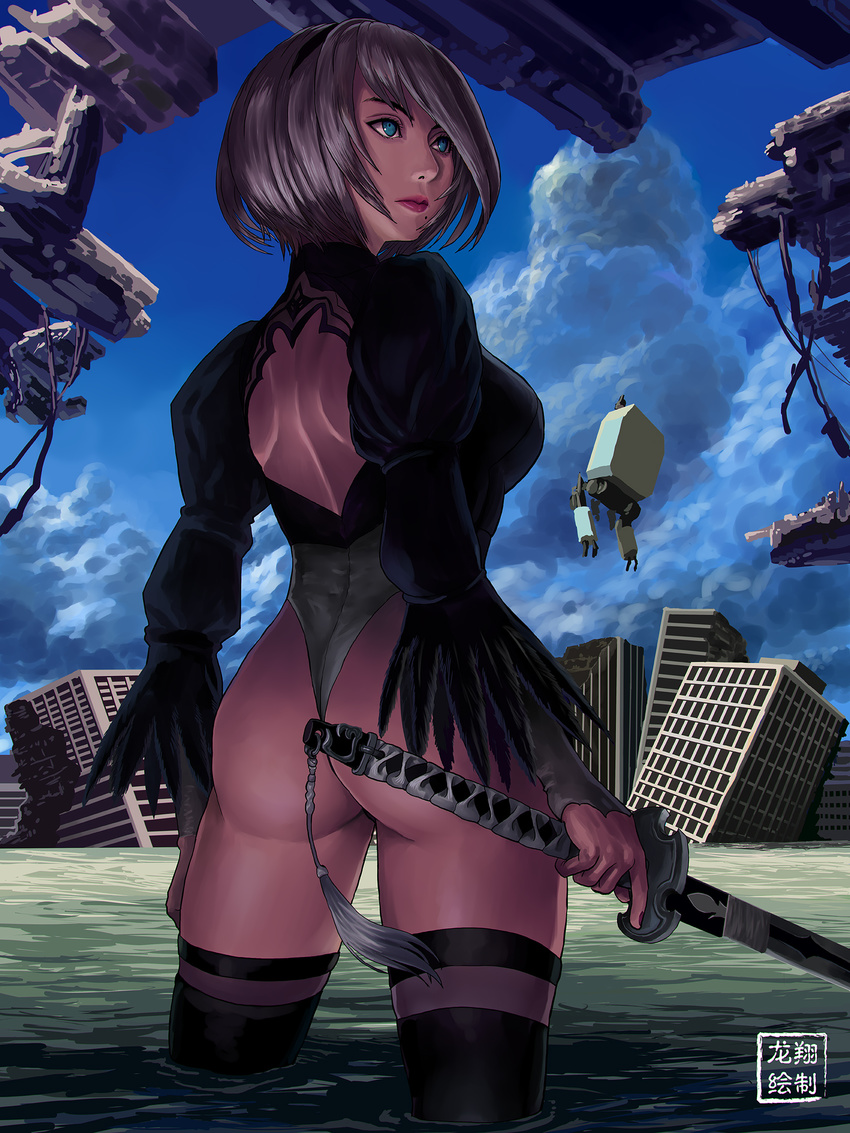 ass back_cutout black_footwear black_hairband black_legwear blue_eyes boots drone feather-trimmed_sleeves from_behind hairband highres leotard lips long_sleeves making_of mole mole_under_mouth nier_(series) nier_automata no_blindfold no_pants pod_(nier_automata) ruins ryu_shou silver_hair solo thigh_boots thighhighs thighhighs_under_boots wading white_leotard yorha_no._2_type_b