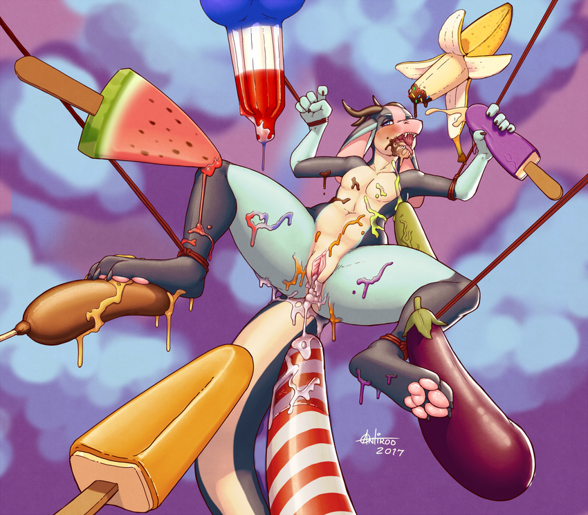 antiroo banana bound candy candy_cane chocolate dragon female flat_chested food fruit horn messy pawpads paws popsicle pussy rope scalie silvia_(pullmytail) solo spread_legs spreading sprinkles