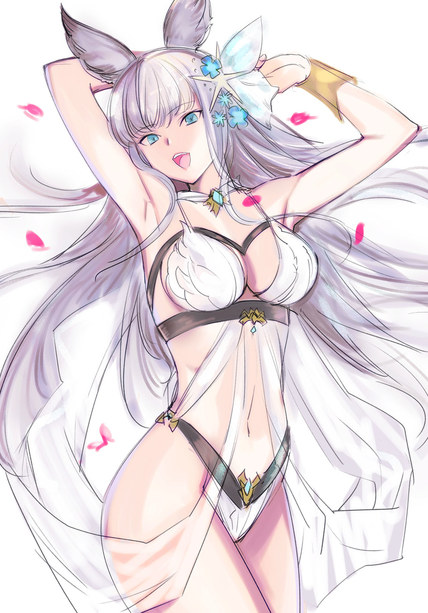 :d animal_ears armpits blue_eyes bra bracer breasts cowboy_shot erune eyebrows_visible_through_hair granblue_fantasy hair_ornament hands_up highres korwa long_hair looking_at_viewer medium_breasts navel open_mouth panties petals smile solo standing tetsu_(kimuchi) underwear white_background white_bra white_panties