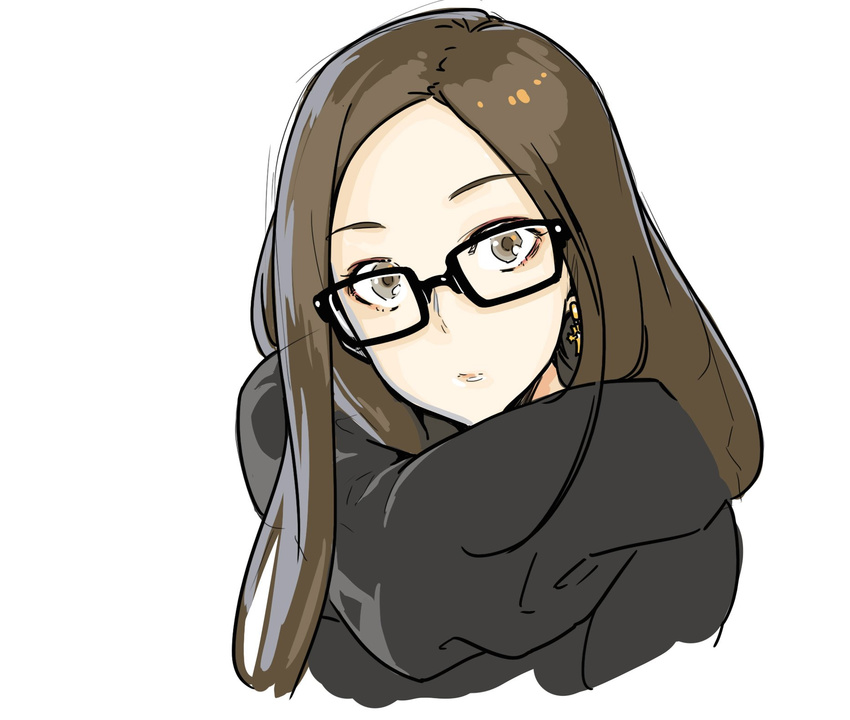 bad_id bad_twitter_id black-framed_eyewear black_shirt brown_eyes brown_hair closed_mouth commentary_request cross cross_earrings earrings glasses highres jewelry long_hair looking_at_viewer original poaro scarf shirt simple_background sketch solo upper_body white_background