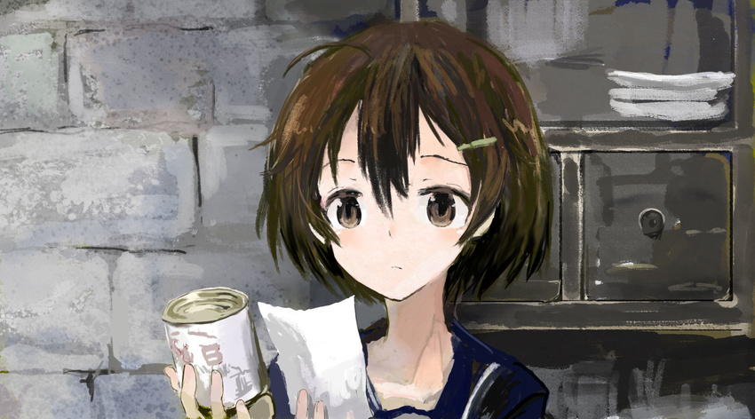 ahoge blurry brave_witches brown_eyes brown_hair can frown hair_ornament hairclip highres holding indoors kabuyama_kaigi karibuchi_hikari note portrait reading short_hair sketch solo world_witches_series