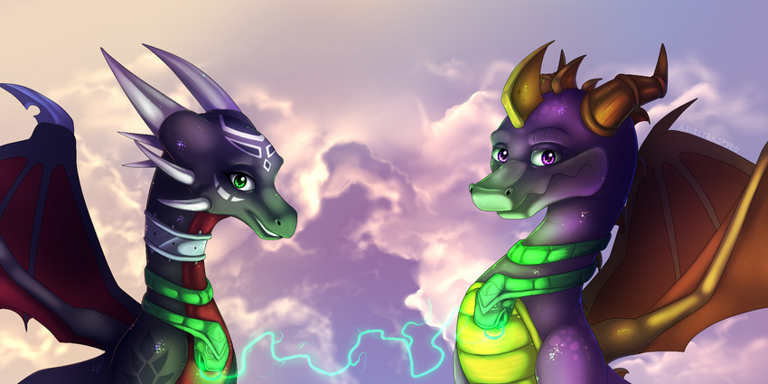 cynder digital_media_(artwork) dragon duo female feral green_eyes horn icelectricspyro male membranous_wings purple_eyes scalie spines spyro spyro_the_dragon video_games western_dragon wings