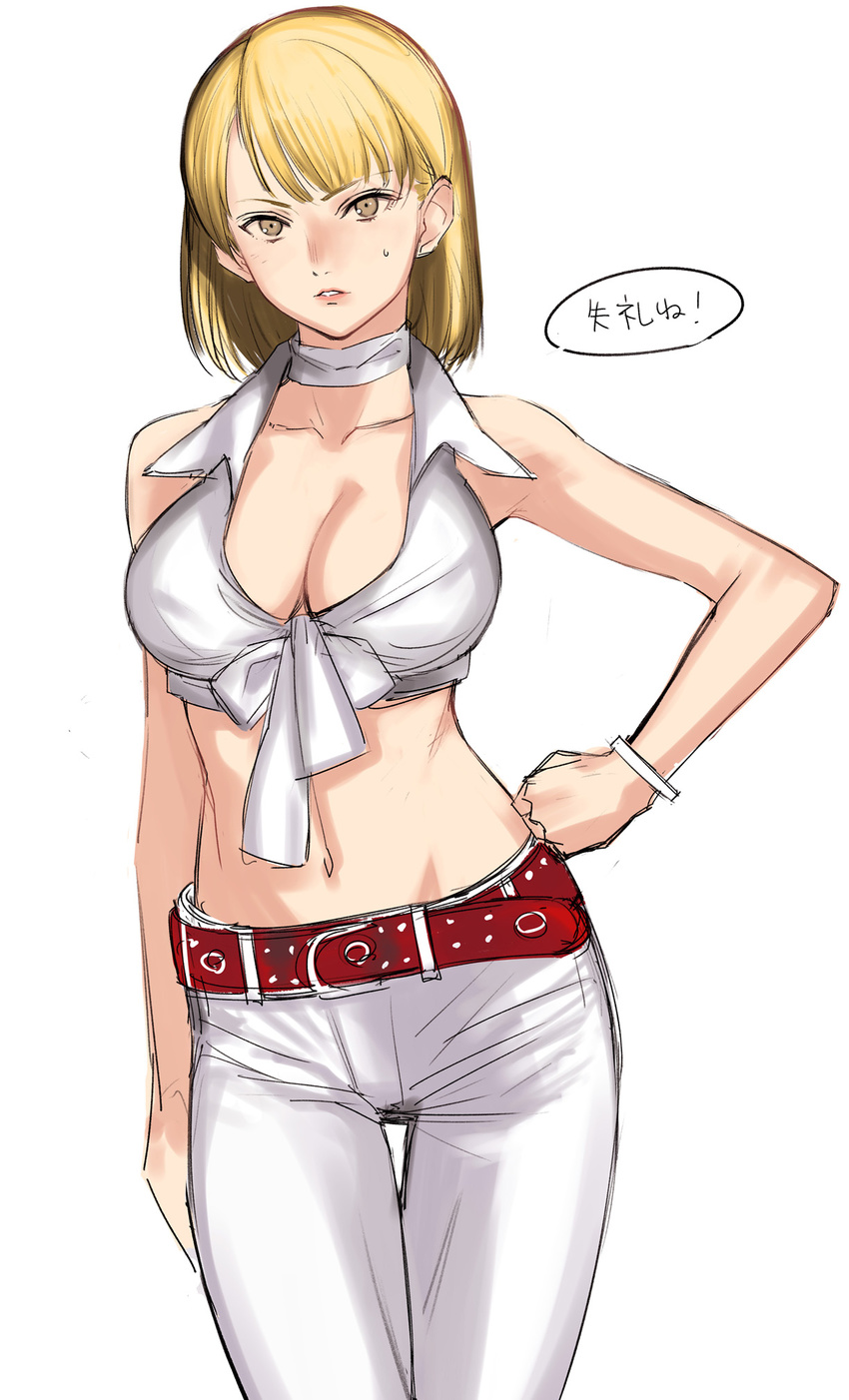 alternate_costume ashley_graham bare_shoulders belt blonde_hair bob_cut bracelet breasts brown_eyes choker cleavage collared_shirt cowboy_shot hand_on_hip highres jewelry large_breasts looking_at_viewer midriff navel pants parted_lips resident_evil resident_evil_4 shirt short_hair simple_background solo sweatdrop tetsu_(kimuchi) thigh_gap tied_shirt translated white_background white_choker white_pants white_shirt