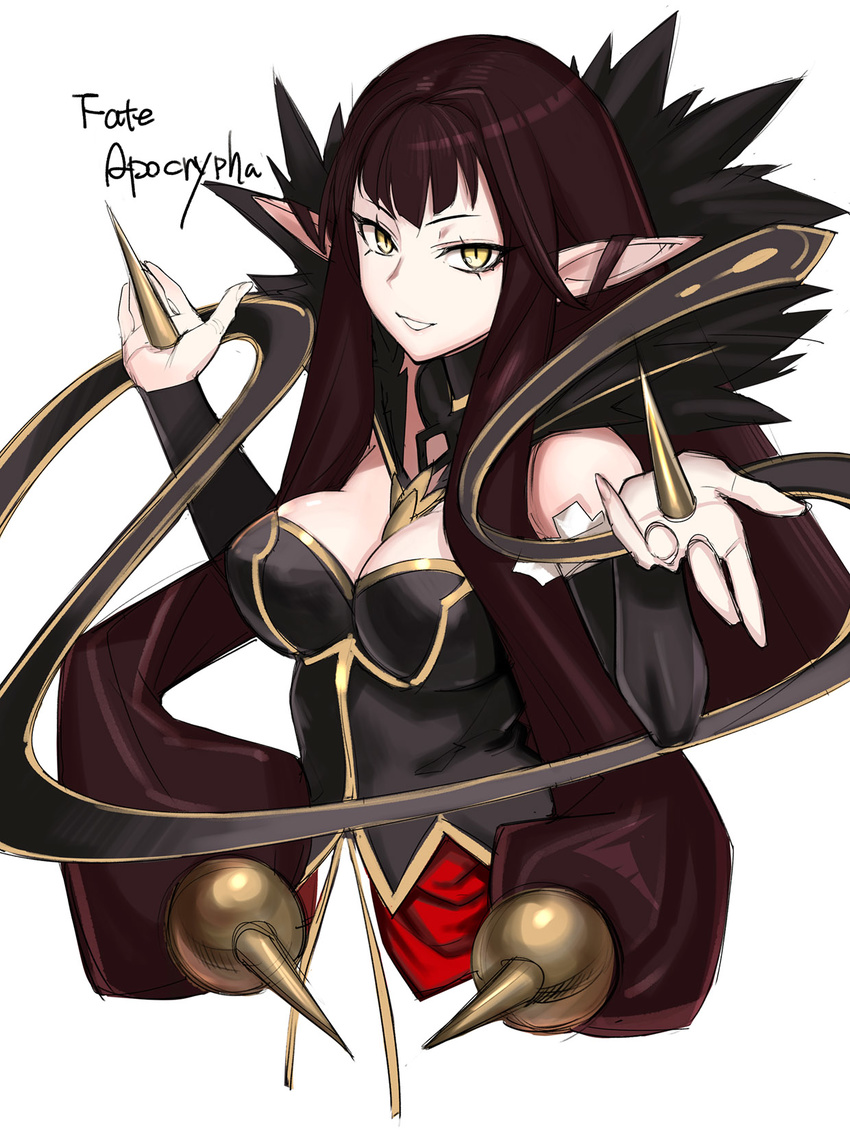 bare_shoulders black_dress breasts brown_hair copyright_name cropped_torso dress fate/apocrypha fate_(series) hands_up highres long_hair looking_at_viewer medium_breasts pointy_ears semiramis_(fate) simple_background slit_pupils smile solo spikes tetsu_(kimuchi) upper_body white_background yellow_eyes