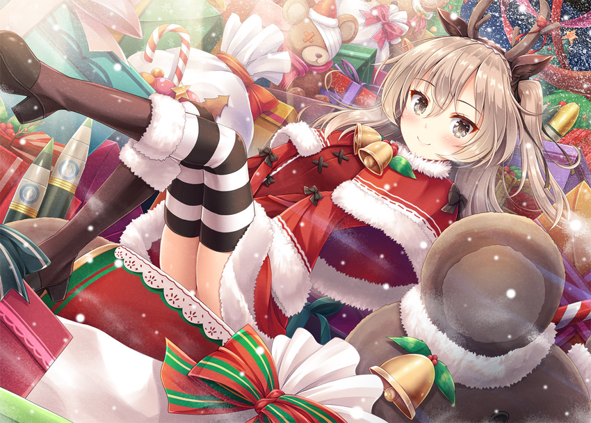 akashio_(loli_ace) animal_ears antlers bangs bell black_bow black_footwear blush boots bow box breasts brown_eyes candy candy_cane capelet closed_mouth commentary_request dress dutch_angle eyebrows_visible_through_hair food fur-trimmed_boots fur-trimmed_capelet fur-trimmed_dress fur-trimmed_hat fur_trim gift gift_box girls_und_panzer hair_between_eyes hat high_heel_boots high_heels knee_boots light_brown_hair looking_at_viewer red_capelet red_dress red_hat reindeer_antlers reindeer_ears sack santa_costume santa_hat shimada_arisu sitting small_breasts smile solo star striped striped_legwear stuffed_animal stuffed_toy teddy_bear thighhighs thighhighs_under_boots