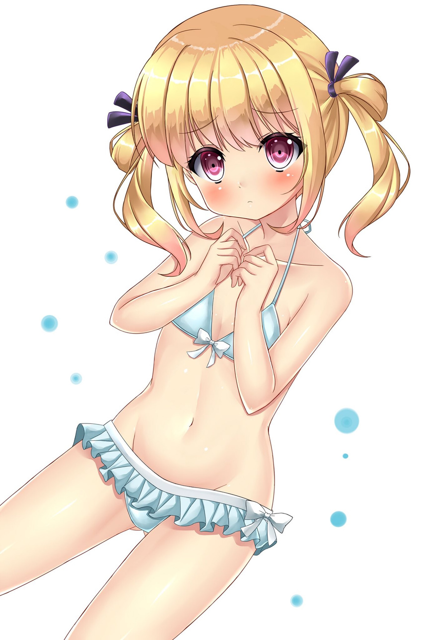 bad_anatomy bikini blonde_hair blue_bikini breasts frilled_bikini_bottom girlish_number groin hands_up highres looking_at_viewer navel pink_eyes short_twintails small_breasts solo sonou_momoka suiren_fuyu swimsuit twintails