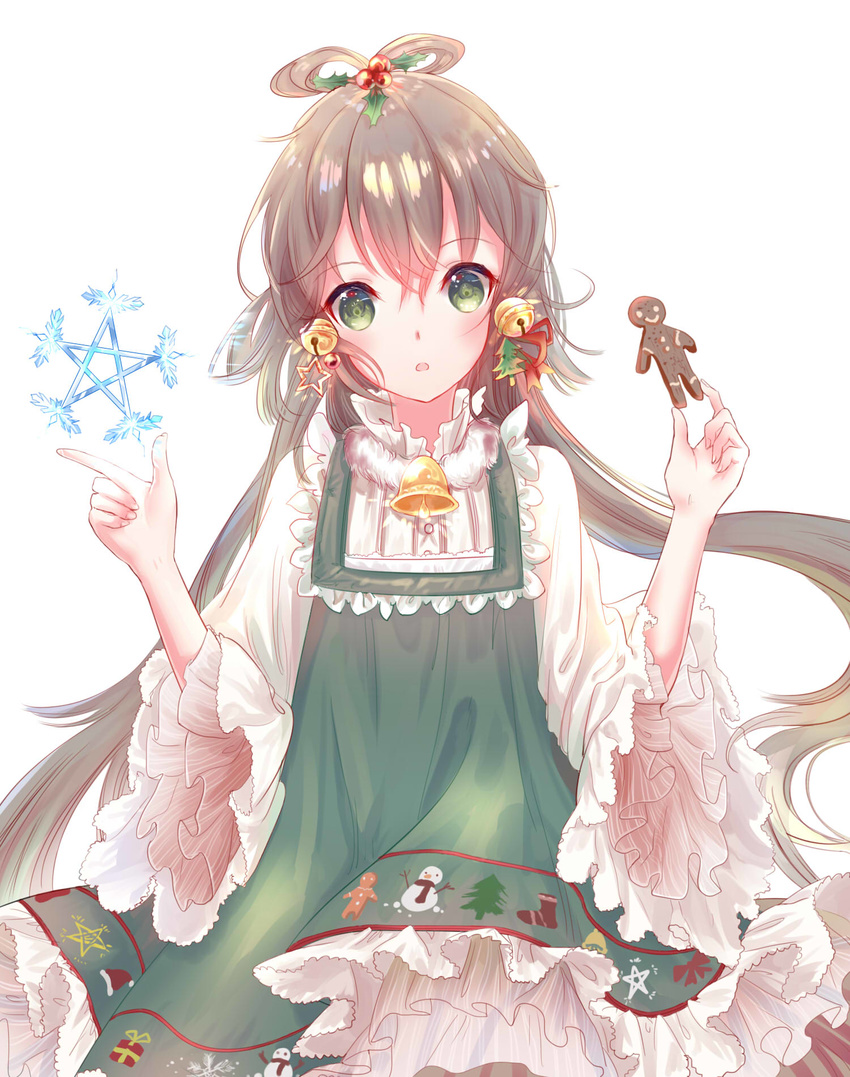:o bangs bell blush brown_hair dress eyebrows_visible_through_hair fingernails food gingerbread_man green_dress green_eyes hair_bell hair_between_eyes hair_ornament head_tilt hexagram highres holding holding_food long_hair long_sleeves low_twintails luo_tianyi parted_lips shirt sidelocks simple_background solo star star_of_david twintails very_long_hair vocaloid vocanese white_background white_shirt wide_sleeves yaduo
