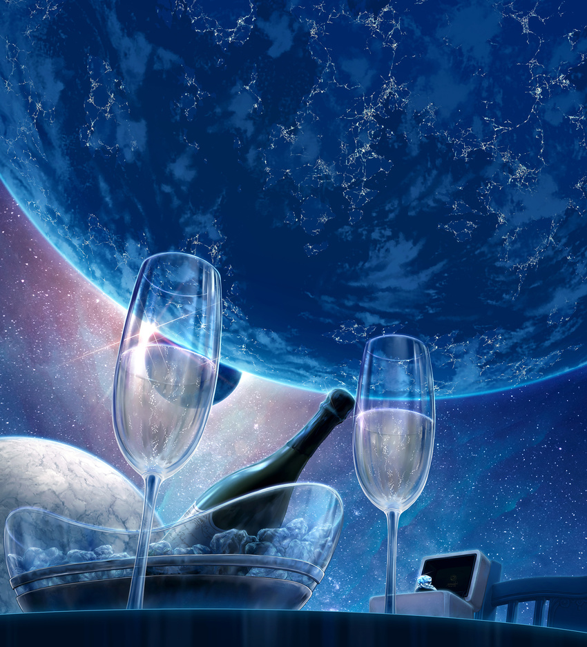 bowl chair champagne_bottle champagne_flute commentary cup dark drinking_glass highres ice jewelry lens_flare moon no_humans original planet ring scenery space star_(sky) still_life table wedding_ring yumemizuki