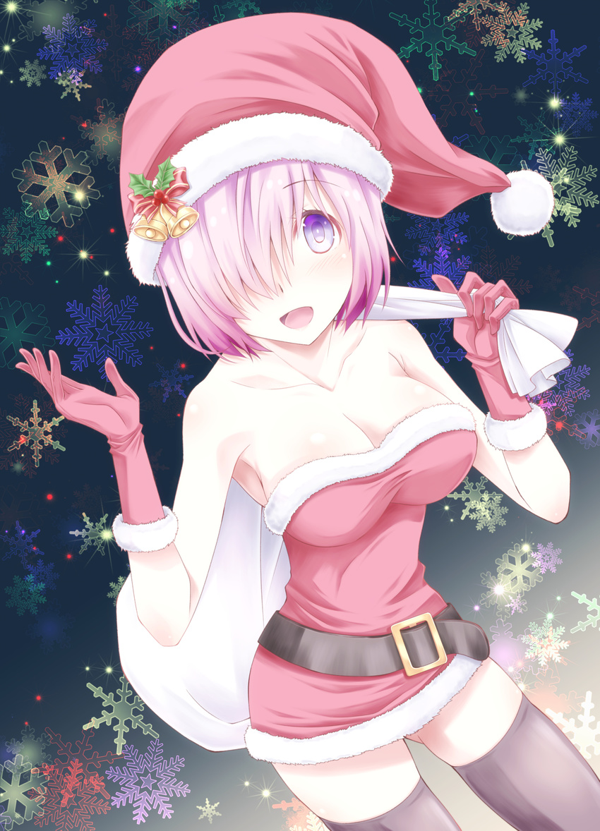 amile bare_shoulders blush christmas dress fate/grand_order hat matthew_kyrielite pink_hair pouch short_hair violet_eyes