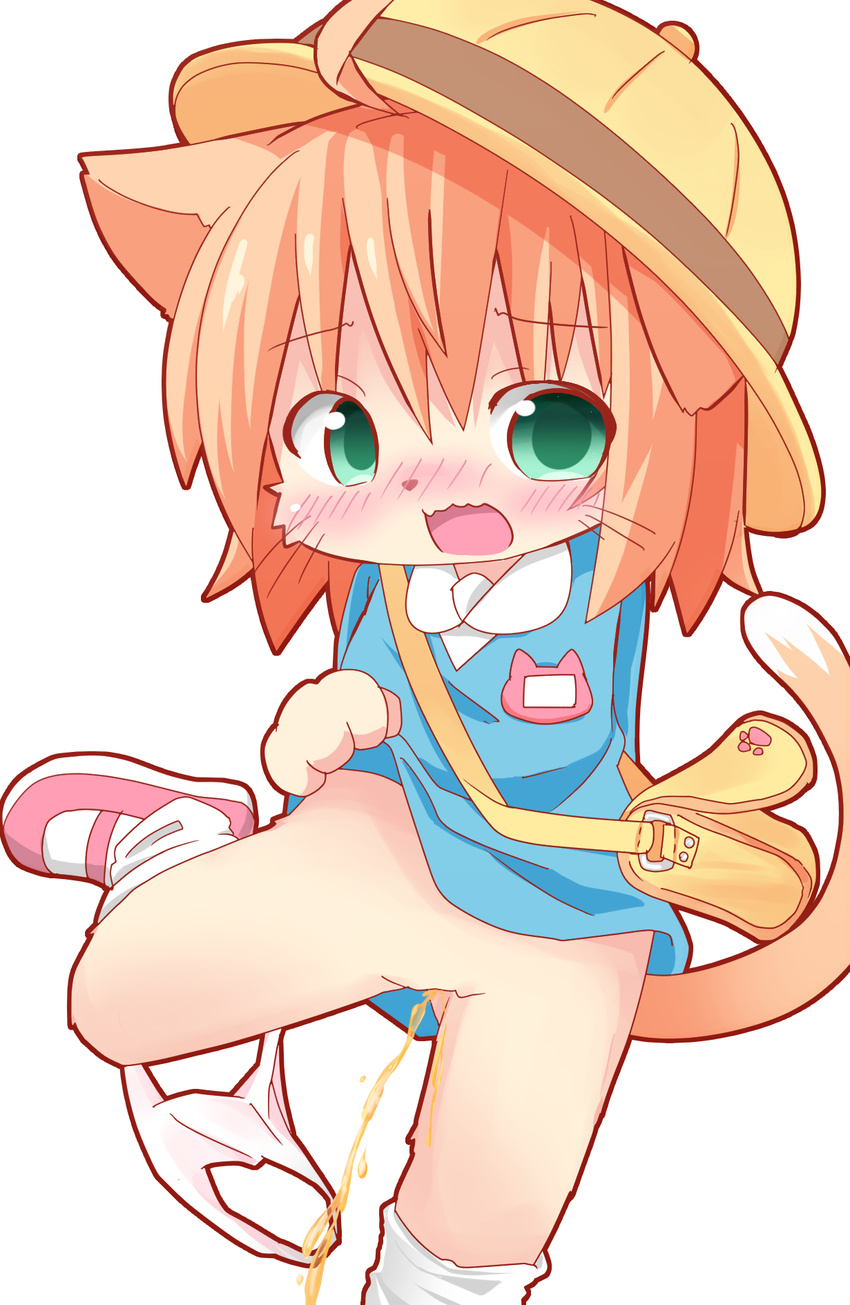 1girl artist_request cat embarrased furry green_eyes hat open_mouth orange_hair panties solo urination