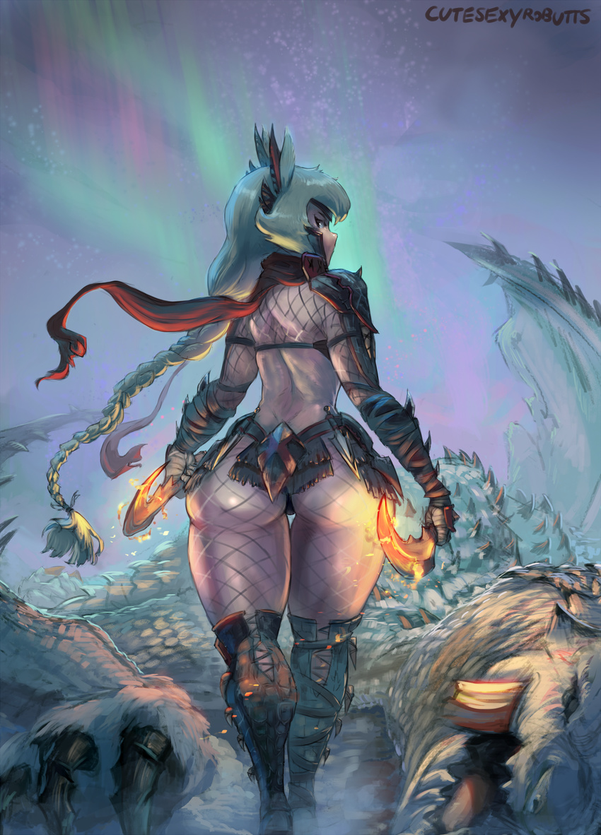 ass bare_back barioth boots braid cutesexyrobutts dual_wielding fishnets gloves highres hips holding juno_(bard-bot) kunai long_hair looking_at_viewer looking_back monster monster_hunter nargacuga_(armor) scarf signature teeth thick_thighs thighs very_long_hair weapon