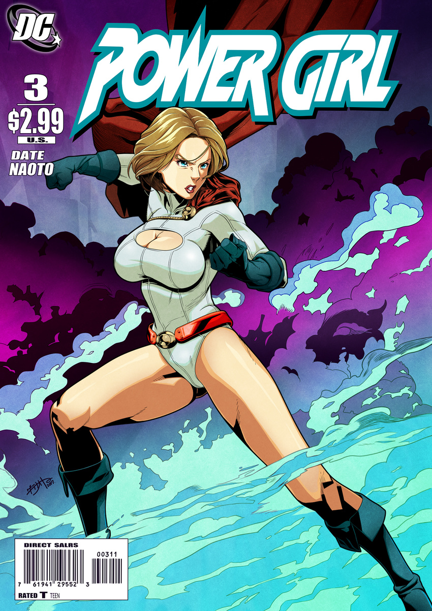 1girl artist_name belt blonde_hair blue_eyes boots breasts cape cleavage date_naoto dc_comics female gloves highres large_breasts legs leotard parted_lips power_girl short_hair solo title