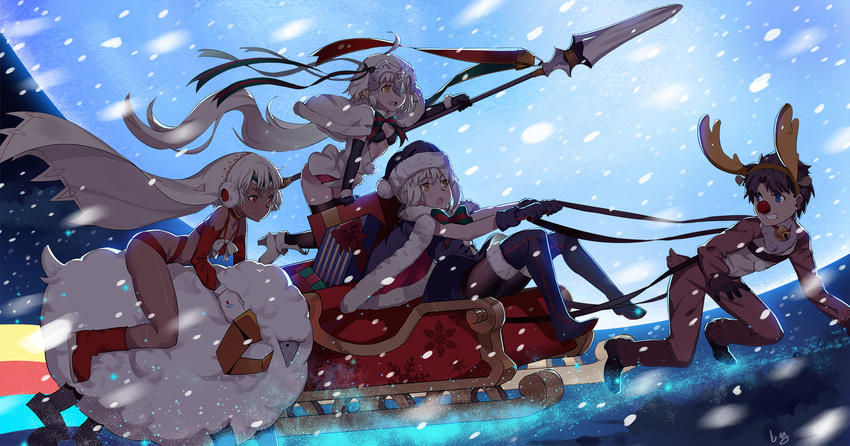 attila_(fate/grand_order) bell bikini_top blue_eyes bow brown_hair cape christmas dark_skin earmuffs elbow_gloves fate/grand_order fate_(series) gloves group hat headdress horns jeanne_d'arc_(fate) jeanne_d'arc_alter loli long_hair male male_protagonist_(fate/grand_order) nanaya_(daaijianglin) pantyhose red_eyes ribbons saber saber_alter santa_hat short_hair signed snow spear thighhighs weapon white_hair yellow_eyes