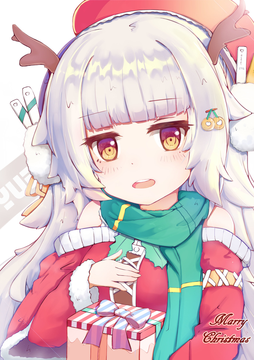 absurdres alternate_costume azur_lane bad_id bad_pixiv_id blush christmas christmas_gift commentary_request earmuffs graphite_(medium) hair_ornament hairclip highres looking_at_viewer merry_christmas mole mole_under_eye open_mouth santa_costume scarf silver_eyes silver_hair solo traditional_media yue_(qtxyjiang) z46_(azur_lane)