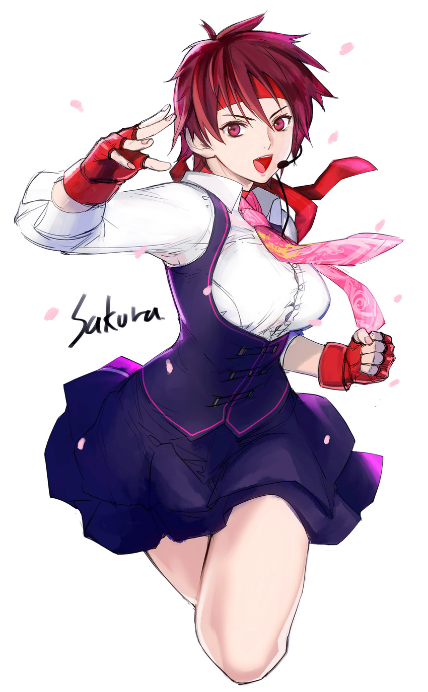 absurdres brown_hair character_name cherry_blossoms employee_uniform fingerless_gloves gloves headband headset highres kasugano_sakura necktie red_eyes red_headband skirt solo street_fighter street_fighter_v tetsu_(kimuchi) underbust uniform vest