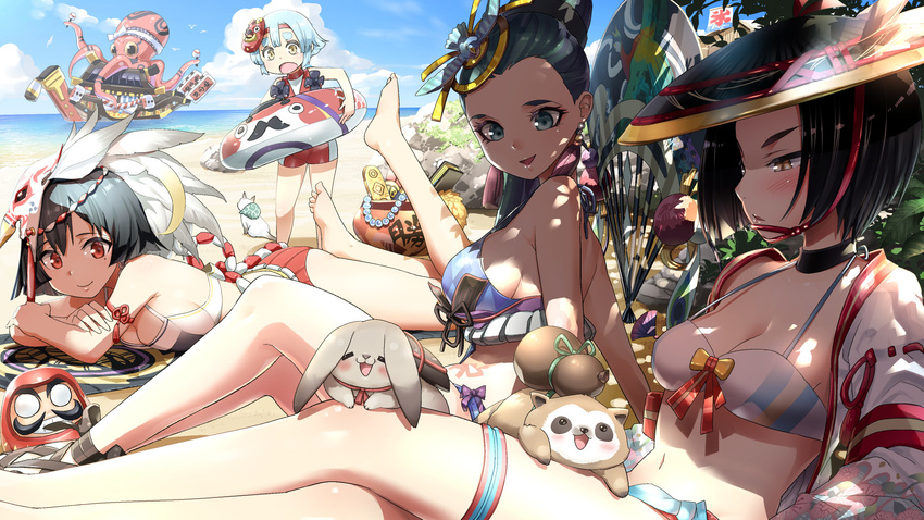 :d animal_on_leg barefoot beach beach_towel bikini bird_hair_ornament black_choker black_hair blue_eyes blue_hair blue_sky blush boat breasts brown_eyes bunny cat chin_(onmyoji) choker cleavage cloud dappled_sunlight daruma_doll day hair_ornament hat headband highres innertube itsumade_(onmyoji) kingyohime kraken_(onmyoji) lying mask mask_on_head medium_breasts multiple_girls ocean octopus on_stomach onmyoji open_mouth otoi_rekomaru outdoors red_eyes red_ribbon ribbon sandals shiny shiny_skin short_hair sitting sky smile standing strap_gap sunlight swimsuit thigh_strap towel ubume_(onmyoji) watercraft