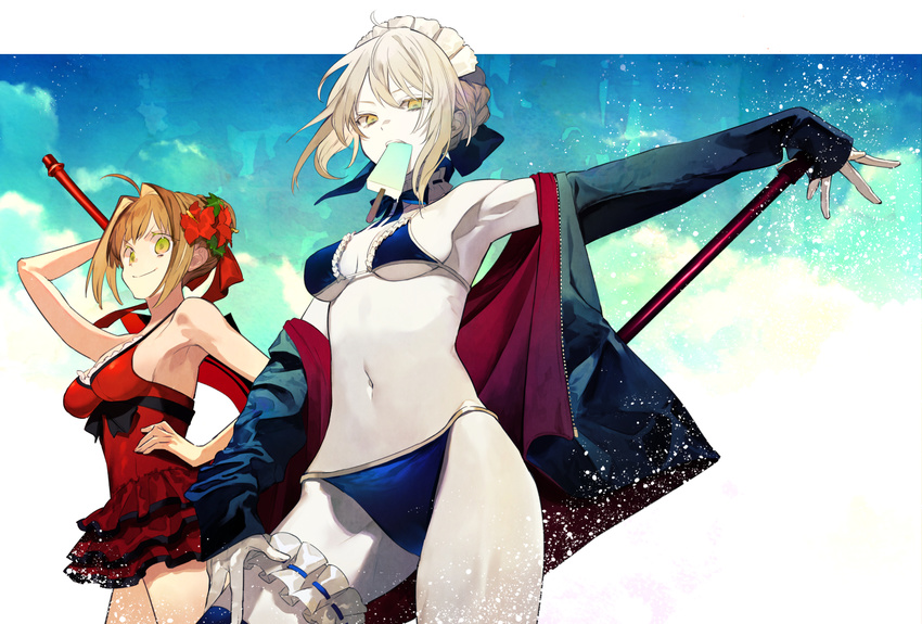 aestus_estus ahoge artoria_pendragon_(all) artoria_pendragon_(swimsuit_rider_alter) bangs bikini black_bikini blonde_hair blue_legwear braid breasts commentary_request cowboy_shot dress_swimsuit fate/extra fate/grand_order fate_(series) flower food french_braid frilled_bikini_top green_eyes hair_between_eyes hair_flower hair_intakes hair_ornament hand_on_hip hibiscus hood hoodie jacket leg_garter maid_bikini maid_headdress modern_costume_of_crimson mouth_hold multiple_girls navel nero_claudius_(fate) nero_claudius_(fate)_(all) nozaki_tsubata open_clothes open_hoodie popsicle red_flower simple_background sleeves_past_wrists small_breasts swimsuit teeth thighhighs thighs underboob white_background yellow_eyes