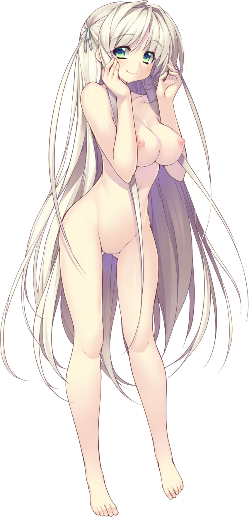 ass_visible_through_thighs barefoot breasts eyebrows_visible_through_hair full_body green_eyes hair_intakes hair_ribbon hands_on_own_face highres kamitsurugi_ouka large_breasts long_hair looking_at_viewer navel nipples no_pussy non-web_source nude official_art ribbon smile solo standing transparent_background very_long_hair yami_to_hikari_no_sanctuary yurie_von_feldberg