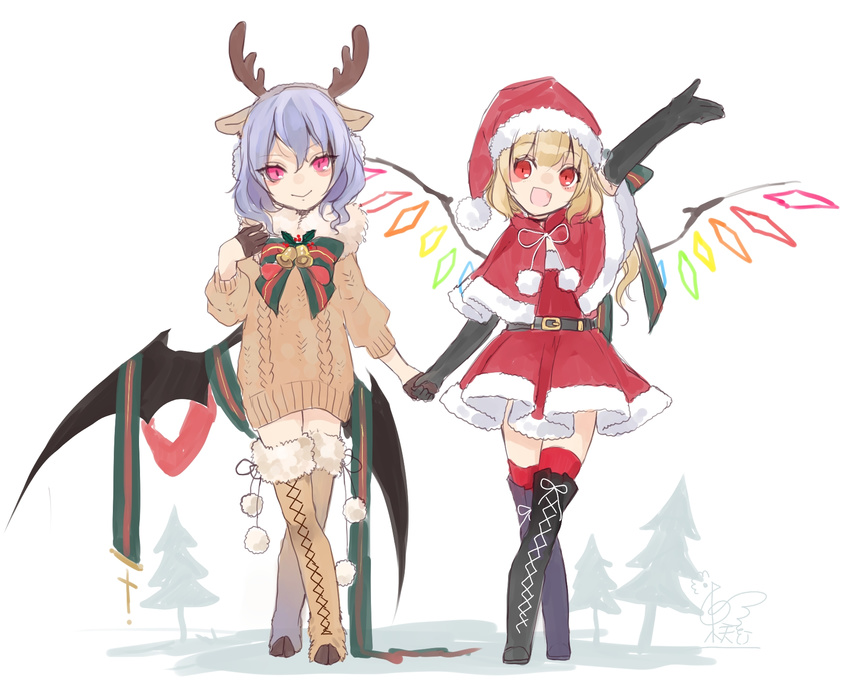 alternate_costume antlers bat_wings black_footwear black_gloves blonde_hair boots brown_footwear capelet cross-laced_footwear dress elbow_gloves flandre_scarlet fur_collar gloves hand_up hat highres holding_hands lace-up_boots looking_at_viewer multiple_girls open_mouth outstretched_arm pink_eyes red_dress red_eyes red_hat remilia_scarlet short_dress siblings simple_background sisters smile standing touhou toutenkou white_background wings