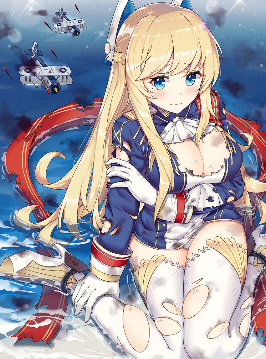 aircraft airplane aly_(wei983999767) ascot azur_lane bangs beach biplane blonde_hair blue_eyes blue_jacket blush boots braid breasts cleavage closed_mouth commentary_request eyebrows_visible_through_hair glorious_(azur_lane) gloves high_heel_boots high_heels highres jacket large_breasts long_hair long_sleeves military_jacket ocean panties sitting smoke solo thighhighs torn_clothes torn_jacket torn_legwear underwear very_long_hair wariza water wavy_mouth white_footwear white_gloves white_legwear white_neckwear white_panties