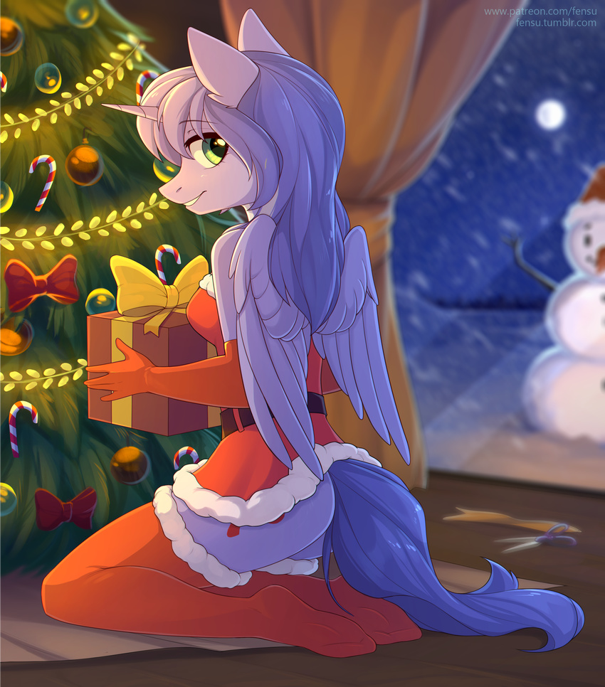 2017 absurd_res anthro armwear christmas christmas_tree clothing detailed_background elbow_gloves equine fan_character feathered_wings feathers female fensu-san gift gloves hair hi_res holidays horn inside legwear long_hair looking_at_viewer mammal mariah_wolves my_little_pony night smile snowman solo tree winged_unicorn wings