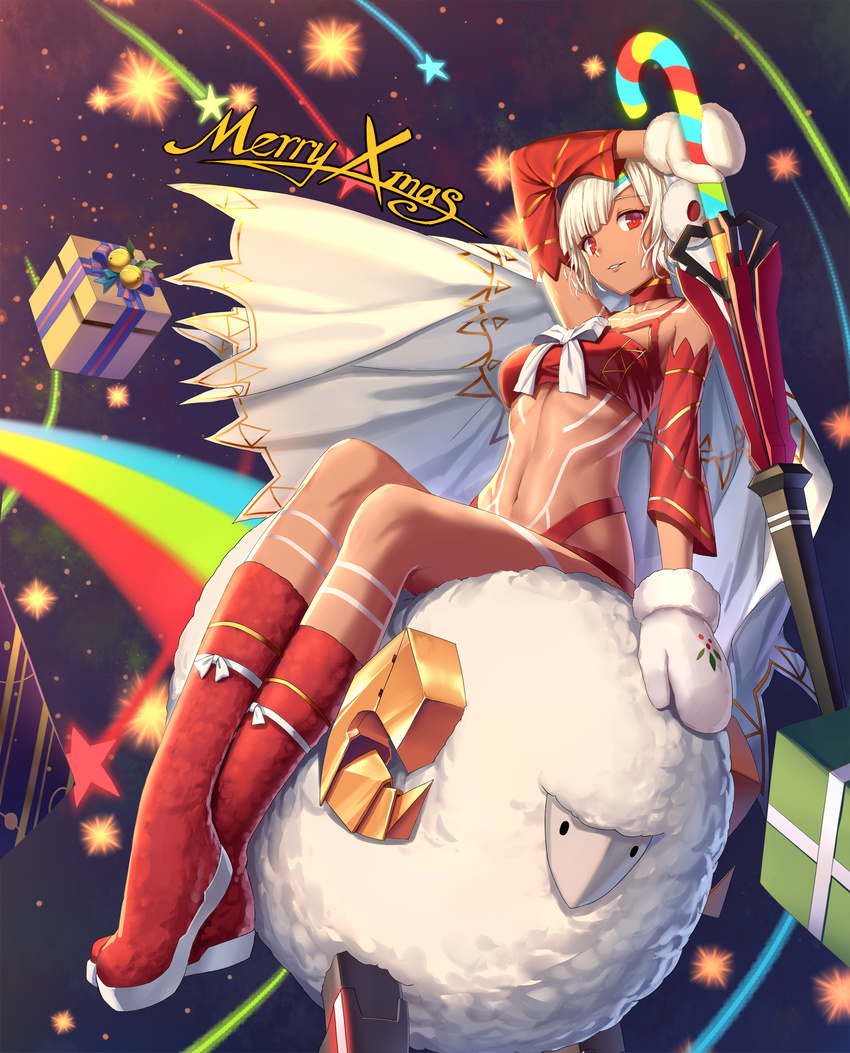 altera_(fate) altera_the_santa animal arm_up bangs bare_shoulders bell boots box bra breasts candy candy_cane choker christmas circlet collarbone commentary dark_skin detached_sleeves drogoth earmuffs eyebrows_visible_through_hair fate/grand_order fate_(series) food from_below full_body full_body_tattoo gift gift_box highres holding jingle_bell knee_boots looking_at_viewer merry_christmas mittens navel night night_sky on_animal parted_bangs purple_ribbon red_bra red_choker red_eyes red_footwear ribbon riding sheep shooting_star short_hair sitting sky small_breasts smile sparkle star star_(sky) starry_sky stomach striped striped_ribbon tattoo underwear veil white_hair white_mittens white_ribbon wind