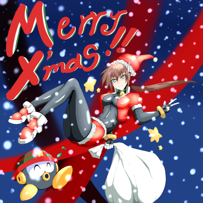 ! 1girl aile artist_request bangs bell bell_choker bell_collar black_legwear bodystocking bodysuit bracelet breasts brown_hair capcom choker christmas covered_navel fingerless_gloves fur_trim hair_between_eyes hat holding holding_sack jacket knees_together_feet_apart large_breasts long_hair looking_at_viewer low_ponytail merry_christmas miniskirt ponytail rockman rockman_zx rockman_zx_advent sack santa_costume santa_hat santa_suit shoes short_jacket sidelocks skirt sliding smile snow snowflake snowflakes solo_focus star text tight tight_clothes