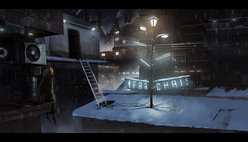 absurdres air_conditioner asuteroid blonde_hair city commentary_request door foot_dangle from_behind highres iris_(asuteroid) ladder lamppost letterboxed long_hair merry_christmas night original outdoors robe rooftop scenery sitting smoke snow snowing solo