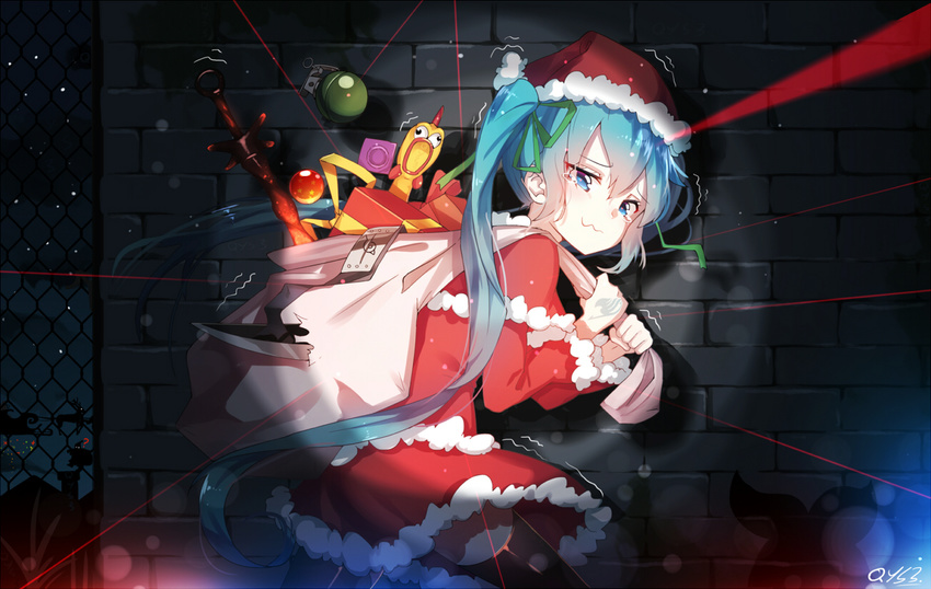 aqua_eyes aqua_hair artist_name bai_yemeng explosive from_side gift grenade hat hatsune_miku laser_beam long_hair night sack santa_costume santa_hat solo tears thighhighs twintails very_long_hair vocaloid