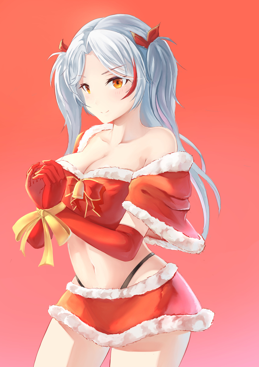 accent_mark azur_lane bdsm black_panties bondage bound bound_wrists breasts capelet christmas cleavage closed_mouth elbow_gloves eyebrows_visible_through_hair fur_trim gan-viking gloves grey_hair highres large_breasts md5_mismatch panties prinz_eugen_(azur_lane) red_gloves skirt solo underwear yellow_eyes