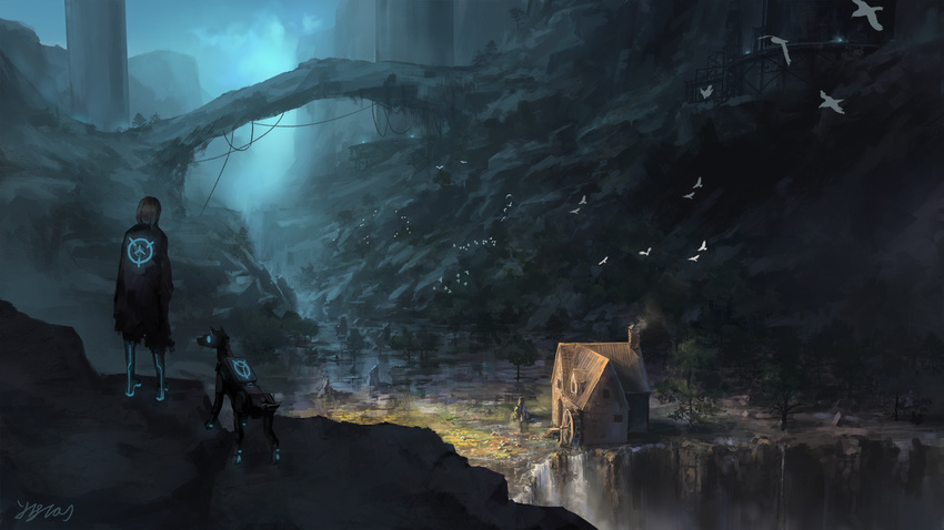 bird bridge brown_hair cape commentary_request dog facing_away fantasy flock from_behind highres original outdoors robot science_fiction short_hair signature somei_yoshinori standing water water_wheel waterfall