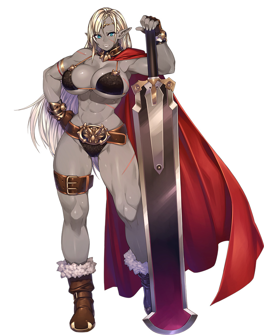 23_(real_xxiii) abs anatolia_(sennen_sensou_aigis) arm_strap belt bikini blonde_hair blue_eyes boots breasts cape circlet dark_skin eyebrows_visible_through_hair fingerless_gloves full_body fur_trim gloves hand_on_hip highres holding holding_sword holding_weapon huge_breasts huge_weapon lips long_hair looking_at_viewer muscle muscular_female non-web_source pointy_ears scar sennen_sensou_aigis solo standing swimsuit sword thigh_strap transparent_background weapon
