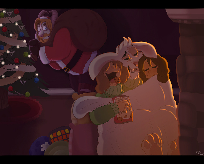 asgore_dreemurr asriel_dreemurr beard boss_monster caprine chara_(undertale) chimney christmas christmas_tree criminalbudgie cuddling delta_rune facial_hair fur goat group holidays horn human long_ears mammal mettaton protagonist_(undertale) sack santa_claus tree undertale video_games white_fur