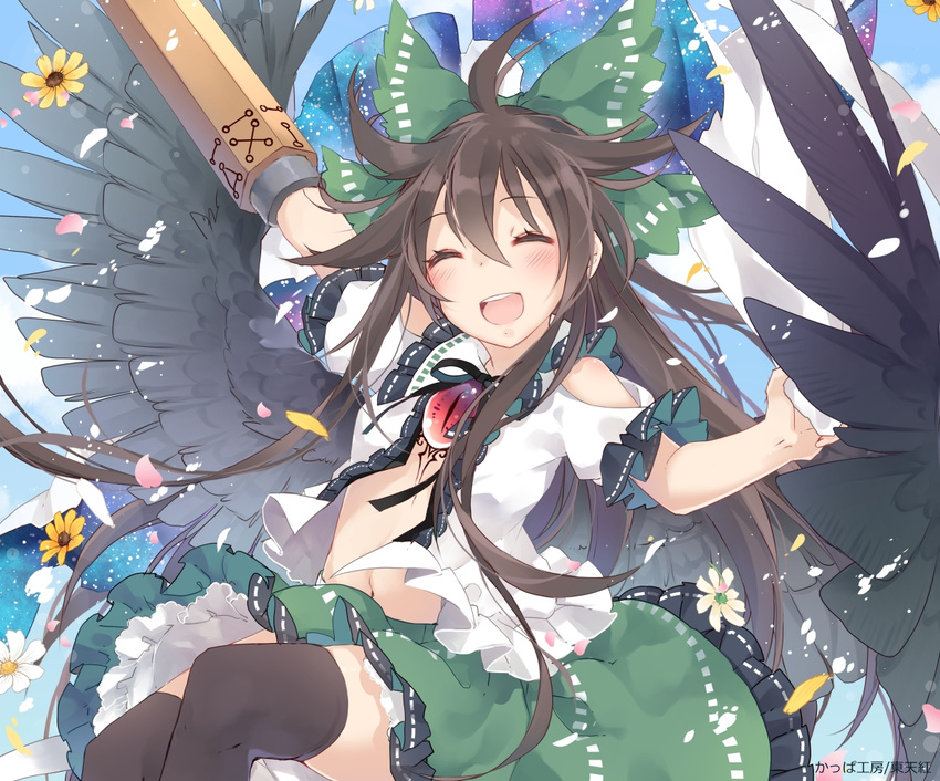 arm_cannon arm_up black_footwear black_legwear black_wings bow brown_hair cape closed_eyes feathered_wings flower green_bow green_skirt hair_bow miniskirt open_clothes open_mouth open_shirt reiuji_utsuho shirt shoes skirt smile solo sunflower thighhighs third_eye touhou toutenkou weapon white_shirt wings
