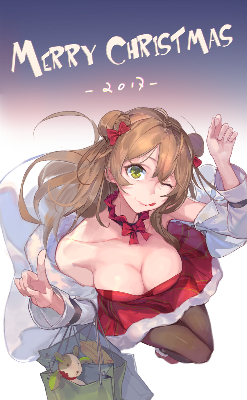 2017 ;q bare_shoulders black_legwear bow breasts brown_hair choker cleavage coat collarbone double_bun downblouse dress gen_(bividgen) girls_frontline green_eyes hair_bow highres index_finger_raised large_breasts merry_christmas one_eye_closed open_clothes open_coat pantyhose red_bow red_dress rfb_(girls_frontline) short_dress solo strapless strapless_dress tongue tongue_out tube_dress