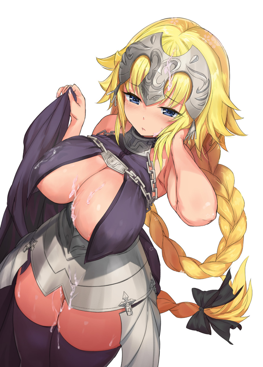 aokihoshi blonde_hair blue_eyes blush braid breasts cum cum_on_body cum_on_breasts cum_on_hair cum_on_lower_body cum_on_upper_body facial fate/apocrypha fate_(series) headpiece highres ichigeki-kun jeanne_d'arc_(fate) jeanne_d'arc_(fate)_(all) large_breasts long_hair looking_down purple_legwear simple_background single_braid solo thighhighs very_long_hair white_background