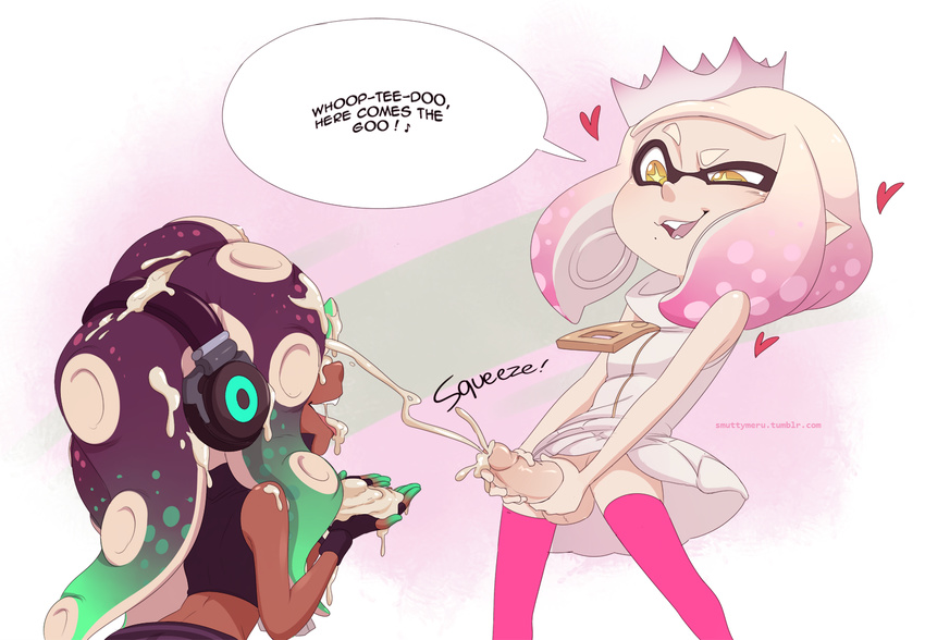 &lt;3 2017 cephalopod clothing crown cum dark_skin dialogue dickgirl dickgirl/female duo english_text female headphones hi_res humanoid inkling intersex intersex/female marina_(splatoon) marine merunyaa messy naughty_face nintendo not_furry octoling open_mouth orgasm pearl_(splatoon) penis pointy_ears splatoon tentacle_hair tentacles text video_games