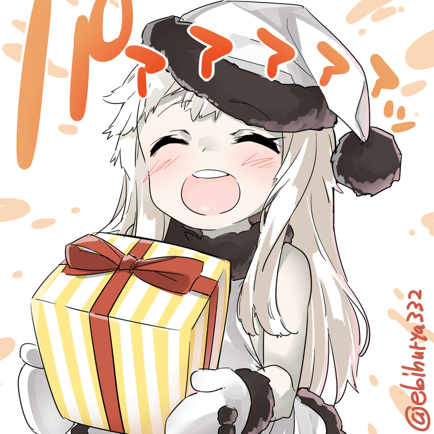 bangs blush closed_eyes ebifurya eyebrows_visible_through_hair gift happy hat highres holding holding_gift kantai_collection long_hair mittens northern_ocean_hime open_mouth pom_pom_(clothes) round_teeth shinkaisei-kan sidelocks sleeveless smile solo teeth twitter_username upper_body white_hair