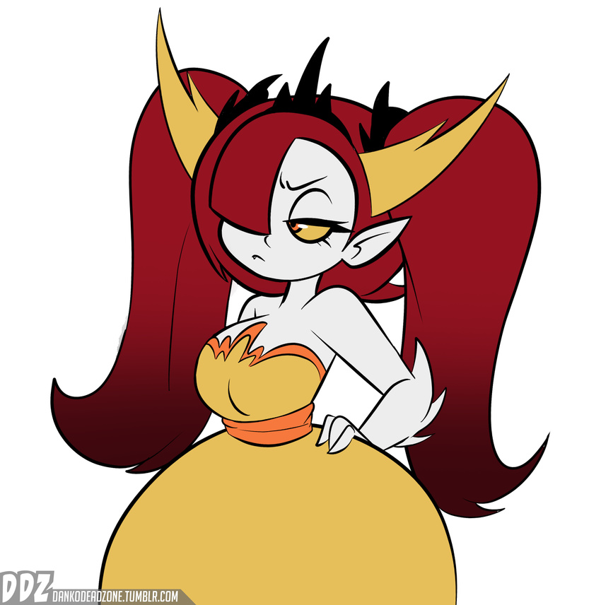 2017 breasts clothing crown dankodeadzone demon digital_media_(artwork) disney dress elbow_spikes eyelashes fangs female frown grumpy hair hair_over_eye half-closed_eyes hand_on_hip hekapoo hi_res horn humanoid long_hair not_furry orange_pupils pale_skin pigtails pointy_ears red_hair short_stack simple_background solo spikes star_vs._the_forces_of_evil tiara url white_background white_skin yellow_eyes