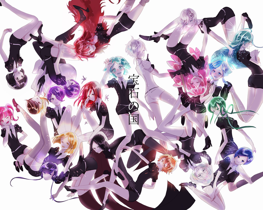 absurdres alexandrite_(houseki_no_kuni) amethyst_(houseki_no_kuni) androgynous antarcticite ass belt benitoite_(houseki_no_kuni) black_eyes black_gloves black_hair black_legwear black_neckwear black_shorts blonde_hair blue_eyes blue_hair bort braid collared_shirt commentary_request copyright_name diamond_(houseki_no_kuni) elbow_gloves euclase_(houseki_no_kuni) gem_uniform_(houseki_no_kuni) glass_sei_(nanorin0603) gloves goshenite_(houseki_no_kuni) green_eyes green_hair hair_over_one_eye heterochromia highres houseki_no_kuni jade_(houseki_no_kuni) long_hair looking_at_viewer morganite_(houseki_no_kuni) multicolored multicolored_eyes multicolored_hair multiple_others necktie neptunite_(houseki_no_kuni) obsidian_(houseki_no_kuni) one_eye_closed open_mouth orange_eyes orange_hair padparadscha_(houseki_no_kuni) phosphophyllite purple_eyes purple_hair red_beryl_(houseki_no_kuni) red_eyes red_hair rutile_(houseki_no_kuni) shinsha_(houseki_no_kuni) shiny shiny_hair shirt short_hair short_hair_with_long_locks short_sleeves shorts silver_eyes simple_background thighhighs tied_hair twintails two-tone_hair uniform white_background white_belt white_gloves white_hair white_legwear white_shirt white_shorts yellow_diamond_(houseki_no_kuni) zircon_(houseki_no_kuni)