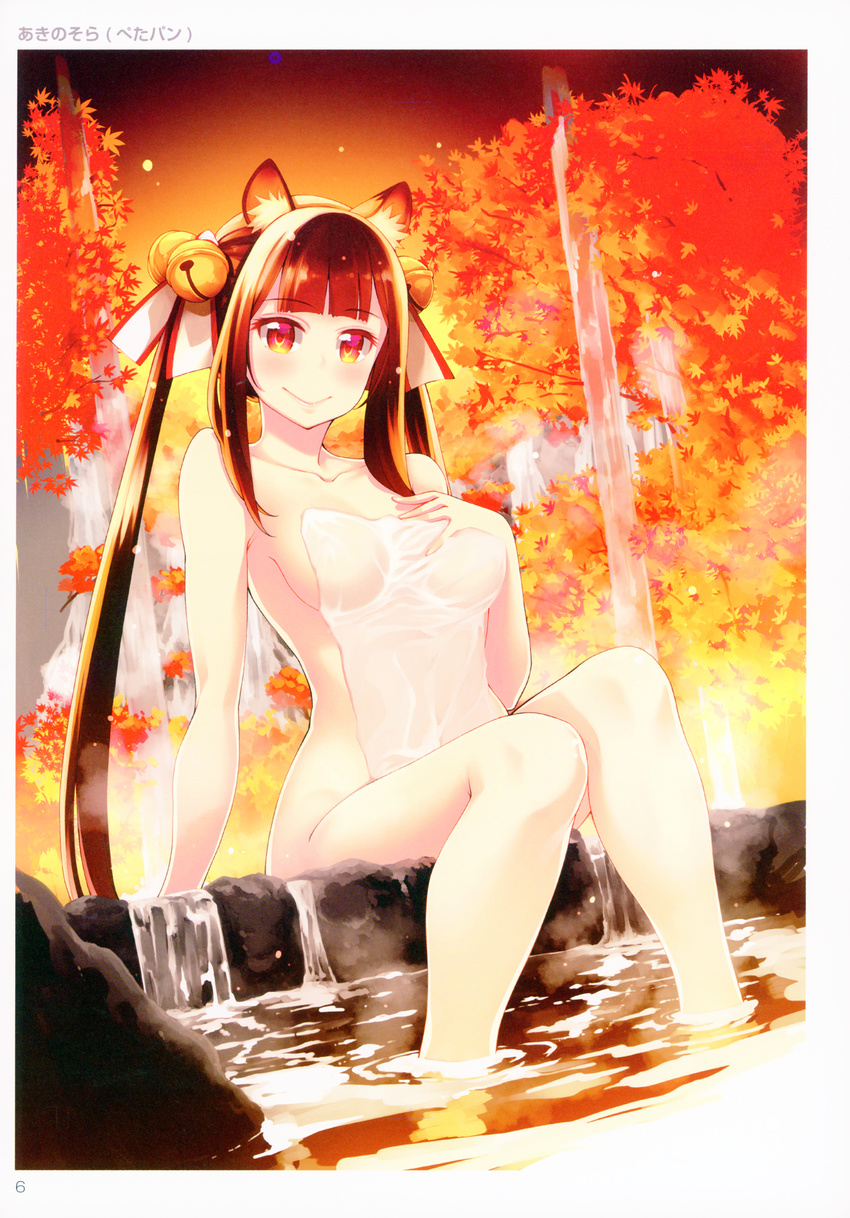 absurdres akino_sora animal_ears artist_name autumn autumn_leaves bangs bare_arms bare_legs bare_shoulders bell blush breasts brown_hair cat_ears collarbone covered_navel covering eyebrows_visible_through_hair eyes hair_bell hair_ornament hair_ribbon hand_on_own_chest highres lips long_hair looking_at_viewer medium_breasts mountain naked_towel nude onsen outdoors page_number red_eyes ribbon rock sideboob sitting smile solo toranoana towel twintails water waterfall wet wet_towel white_towel