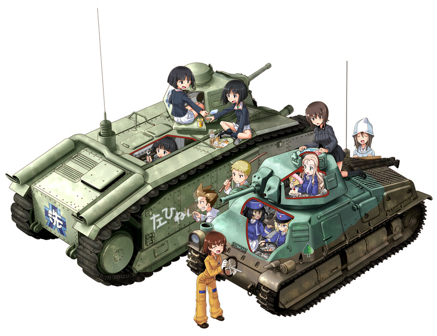 andou_(girls_und_panzer) bangs bc_freedom_(emblem) bc_freedom_military_uniform black_eyes black_footwear black_hair black_legwear black_skirt blue_hat blue_jacket blue_shirt blue_vest blunt_bangs bob_cut bokken bottle brown_eyes brown_hair caterpillar_tracks char_b1 chips closed_eyes cup_ramen dark_skin dessert dress_shirt emblem extra fan food freckles girls_und_panzer gloves gotou_moyoko graffiti green_skirt grey_shirt ground_vehicle hat high_collar holding holding_food holding_weapon indian_style jacket jumpsuit katahira_masashi keizoku_school_uniform kneeling konparu_nozomi kuromorimine_school_uniform leaning_forward loafers long_hair long_sleeves looking_at_another marie_(girls_und_panzer) mechanic mika_(girls_und_panzer) military military_hat military_uniform military_vehicle miniskirt motor_vehicle multiple_boys multiple_girls neckerchief nishizumi_maho on_vehicle ooarai_(emblem) ooarai_military_uniform open_mouth orange_jumpsuit oshida_(girls_und_panzer) paper_fan pleated_skirt popsicle potato_chips s35 school_uniform serafuku shako_cap shirt shoes short_hair simple_background sitting skirt smile socks sono_midoriko spade_(shape) spray_can standing steering_wheel striped striped_shirt sword tank tsuchiya_(girls_und_panzer) uniform vertical-striped_shirt vertical_stripes vest weapon white_background white_gloves white_shirt white_skirt wooden_sword wrench x-ray