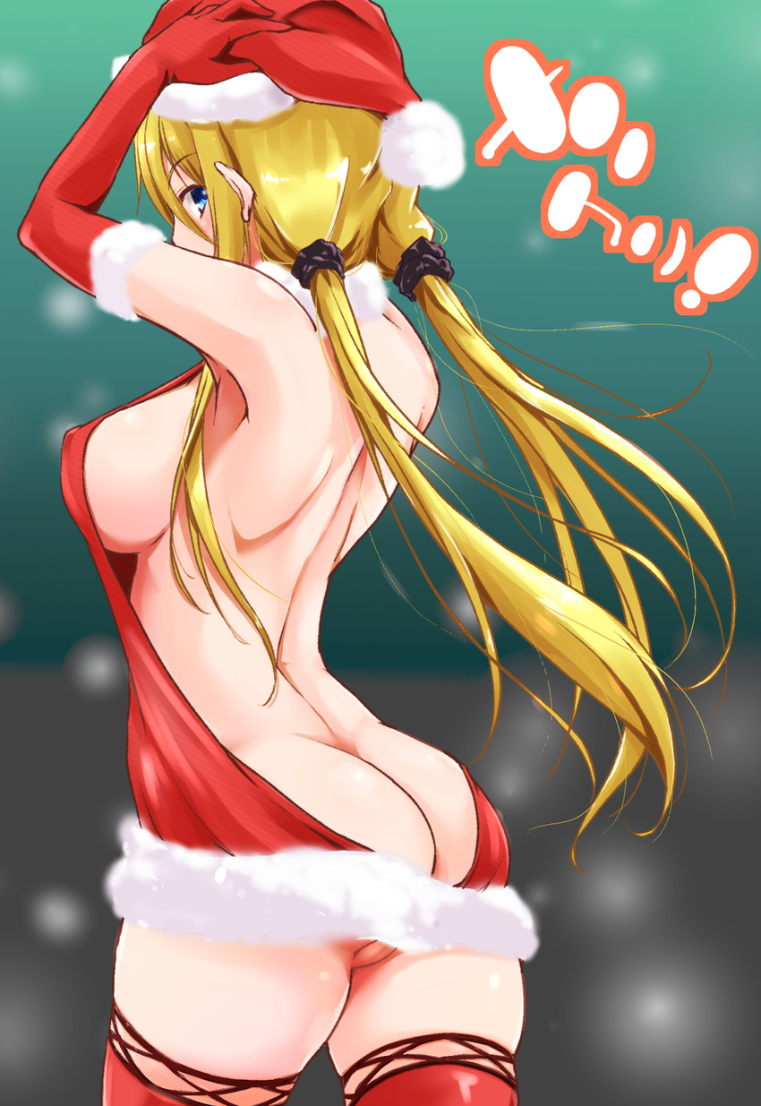 arms_up ass backless_dress backless_outfit black_scrunchie blonde_hair blue_eyes breasts covered_nipples dress elbow_gloves fur_trim gloves hair_ornament hair_scrunchie hat highres kaizuka large_breasts long_hair low_twintails meme_attire naked_sweater original red_gloves red_legwear red_sweater santa_hat scrunchie sideboob solo sweater sweater_dress thighhighs twintails virgin_killer_sweater