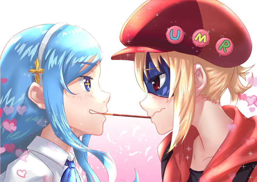 2girls absurdres bangs black_shirt blonde_hair blue_eyes blue_hair blue_neckwear blue_ribbon blush brown_eyes bubble cabbie_hat character_name closed_mouth collared_shirt commentary_request doma_umaru domino_mask eye_contact food grin hair_between_eyes hat headband heart highres himouto!_umaru-chan hood hoodie ice_dacapo long_hair looking_at_another mask multiple_girls neck_ribbon pocky pocky_kiss red_hat red_hoodie ribbon shared_food shirt short_hair sidelocks smile sparkle strap symbol-shaped_pupils tachibana_sylphynford umr white_shirt wing_collar yuri